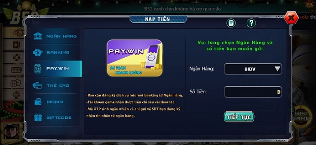 Nạp tiền bằng Pay.win - Hướng dẫn rút nạp tiền B52